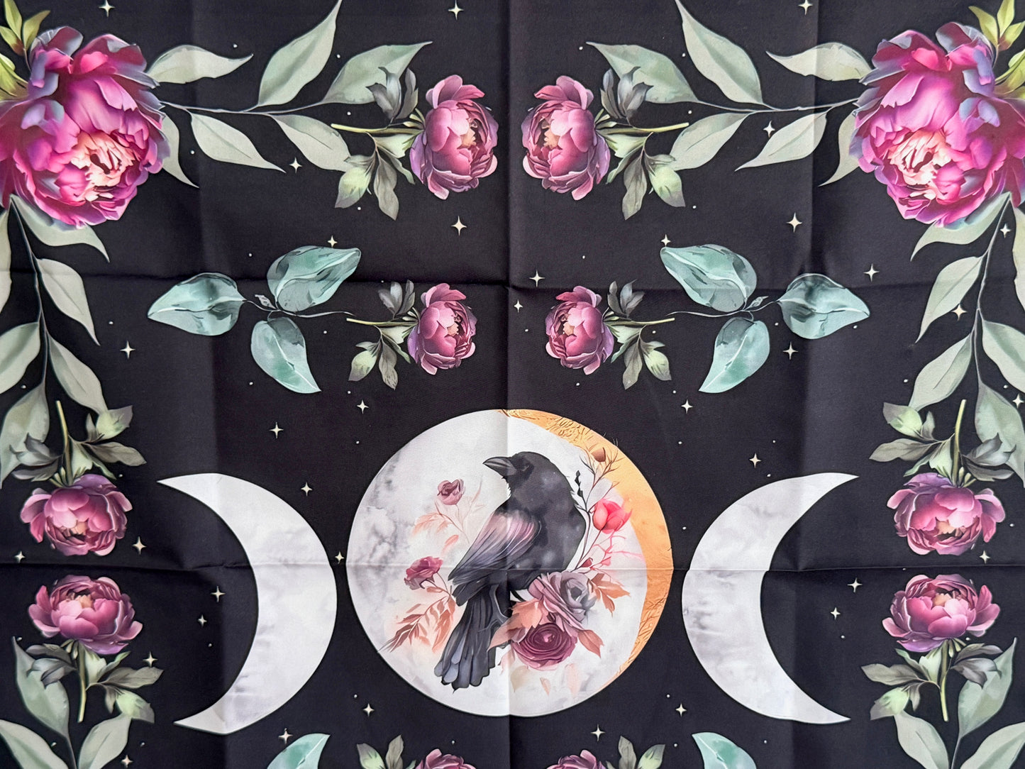 Raven's Moon & Lavender Peony Altar Cloth | Wisdom, Intuition, and Spiritual Tranquility