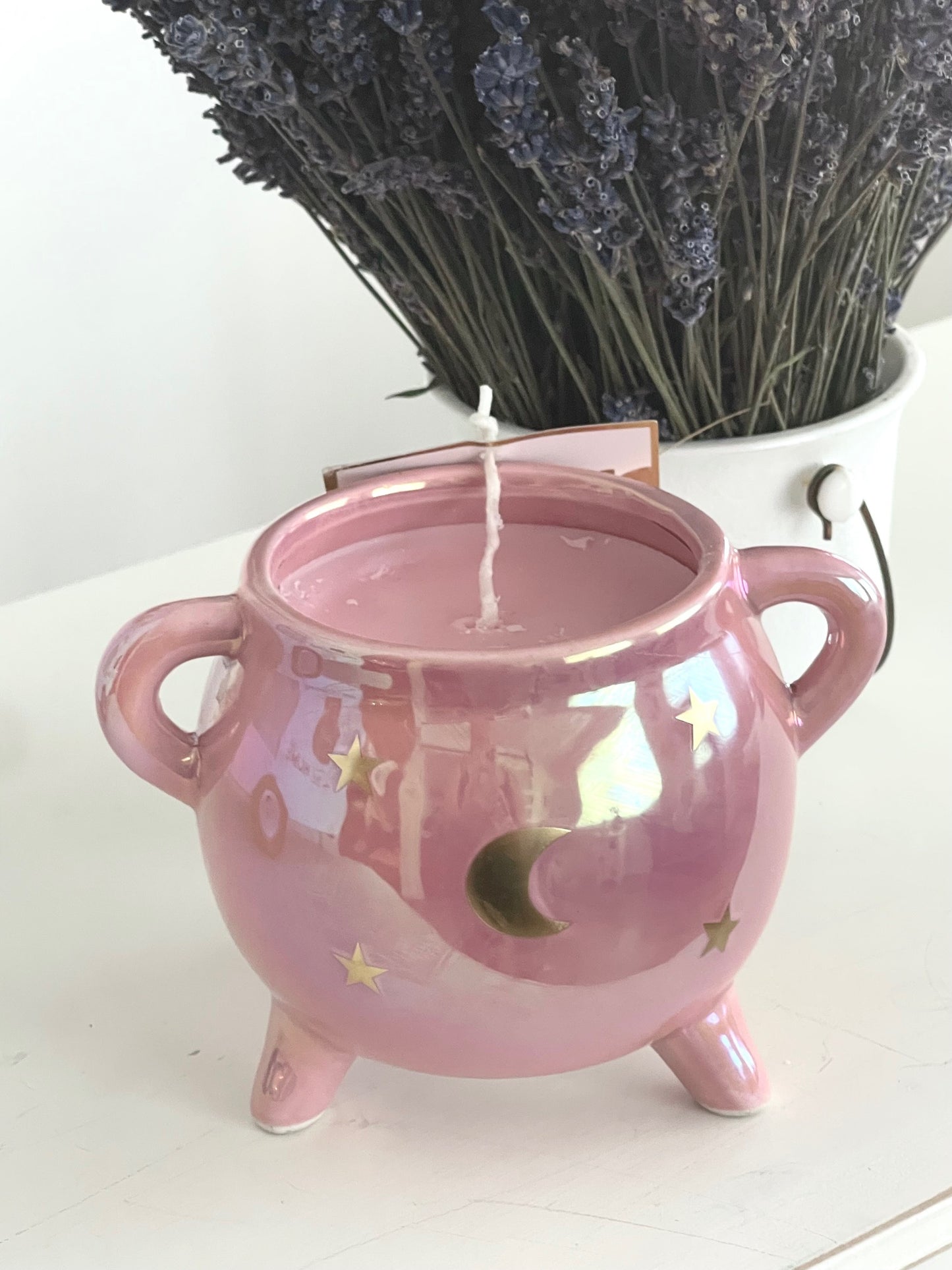 pink cauldron candle with lavender