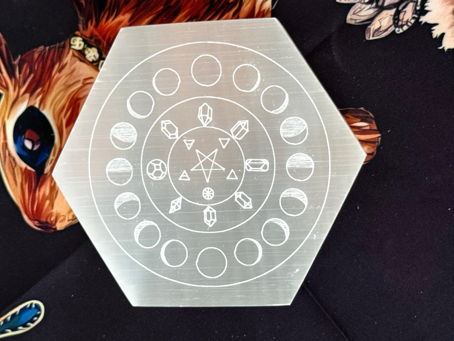 Selenite Moon Phase Charging Plate – Hexagonal 5" Crystal Cleansing Disc