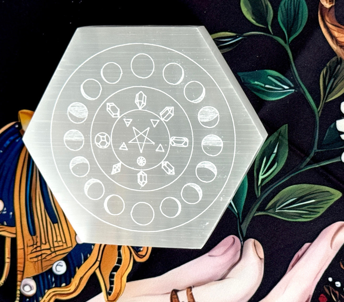 Selenite Moon Phase Charging Plate – Hexagonal 5" Crystal Cleansing Disc