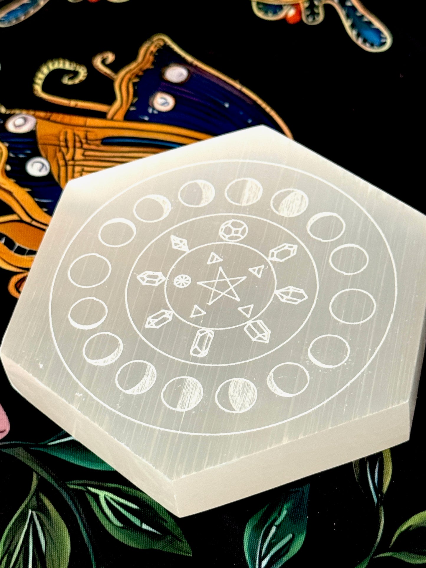 Selenite Moon Phase Charging Plate – Hexagonal 5" Crystal Cleansing Disc