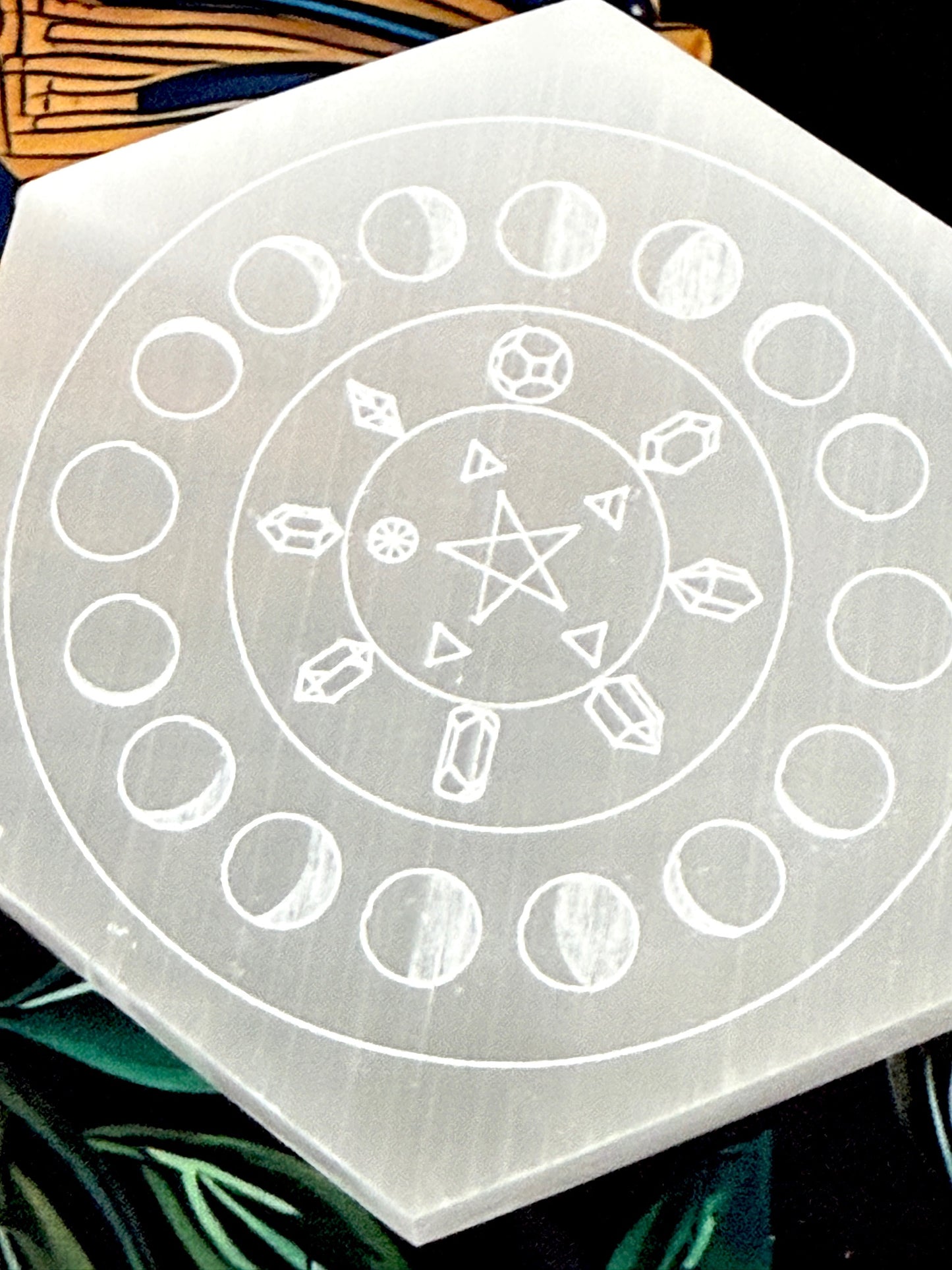 Selenite Moon Phase Charging Plate – Hexagonal 5" Crystal Cleansing Disc