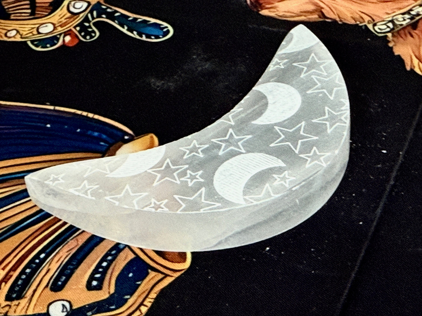 Selenite Crescent Moon with Etched Stars & Moons – Crystal Charging Plate