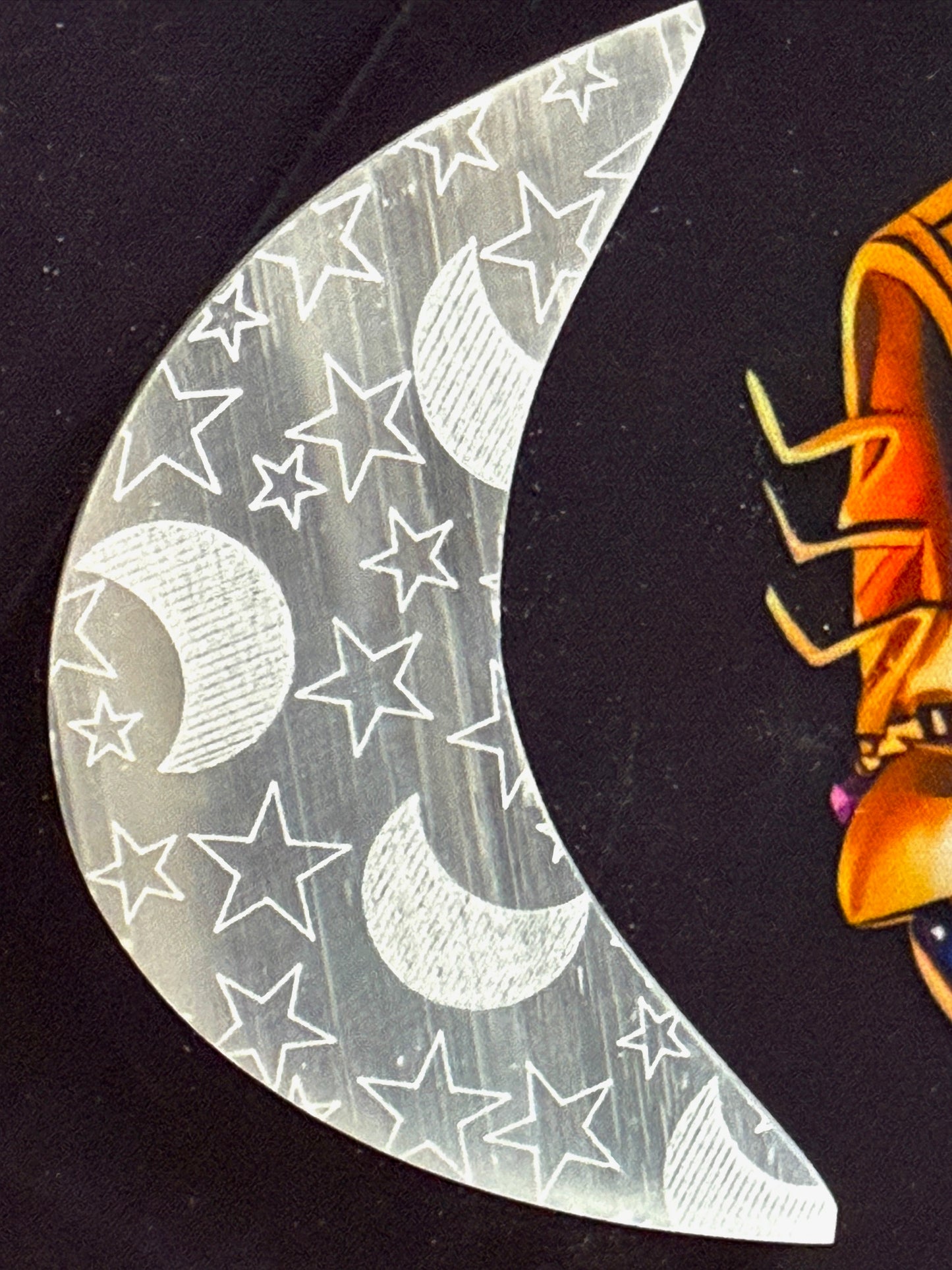 Selenite Crescent Moon with Etched Stars & Moons – Crystal Charging Plate