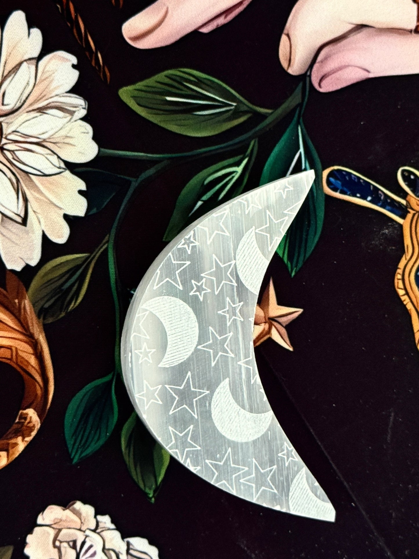 Selenite Crescent Moon with Etched Stars & Moons – Crystal Charging Plate