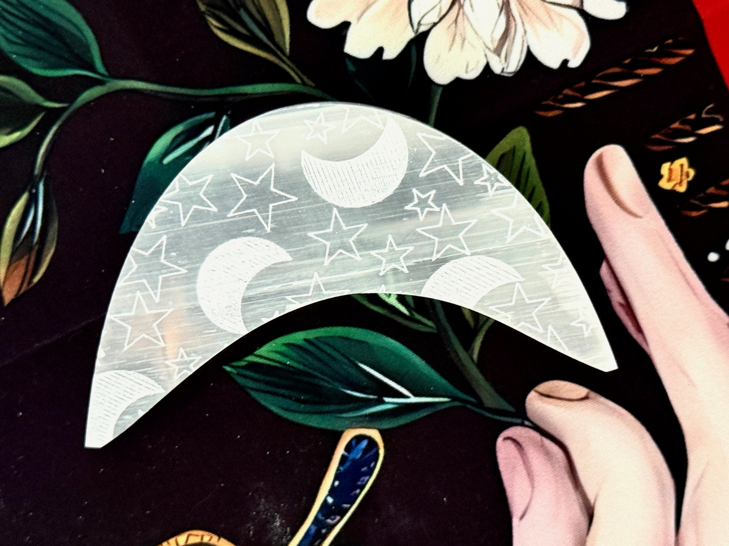 Selenite Crescent Moon with Etched Stars & Moons – Crystal Charging Plate
