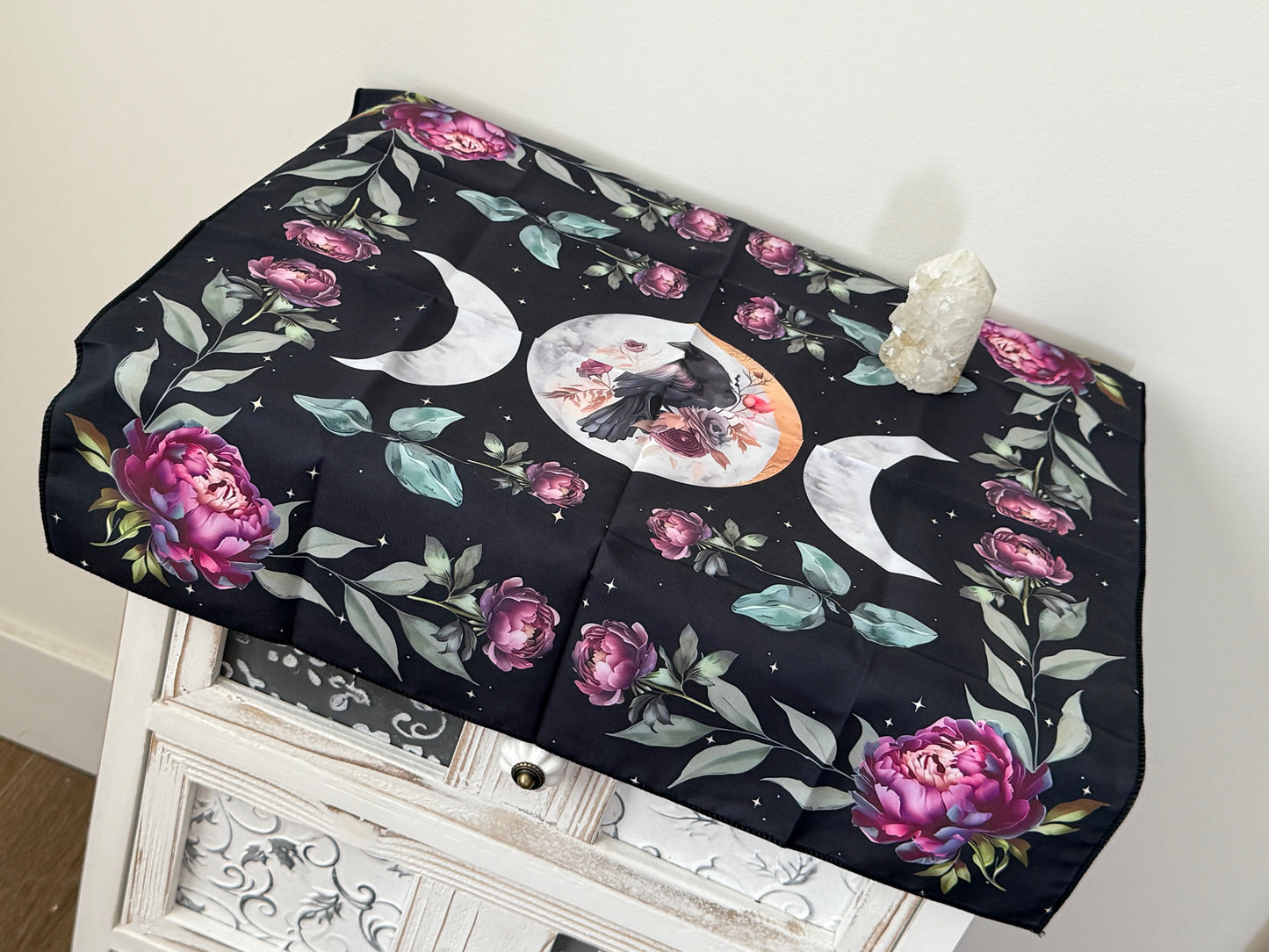 Raven's Moon & Lavender Peony Altar Cloth | Wisdom, Intuition, and Spiritual Tranquility