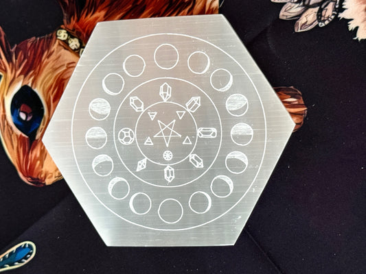 Selenite Moon Phase Charging Plate – Hexagonal 5" Crystal Cleansing Disc