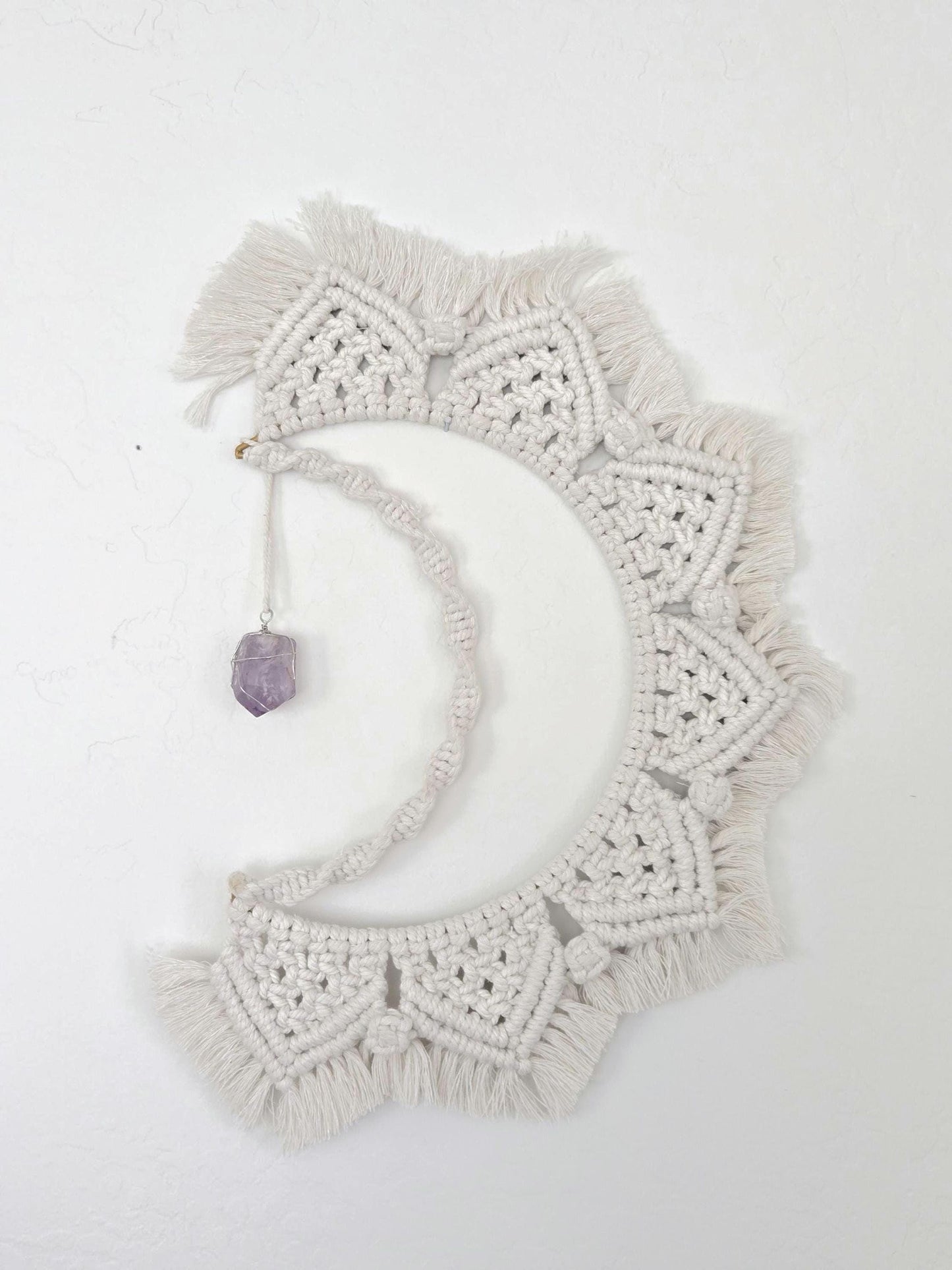 Macrame Moon Wall Hanging: Boho Woven Art with Amethyst