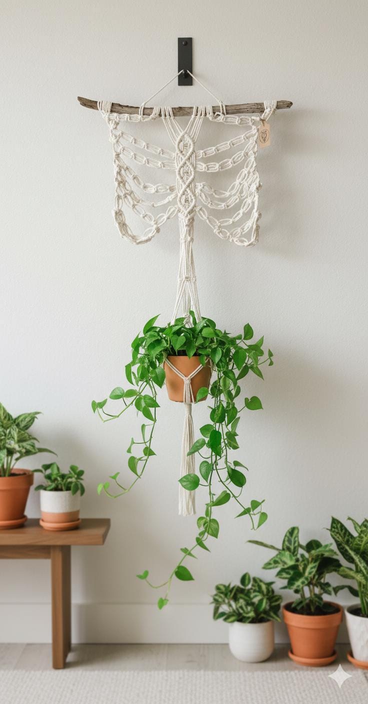 Macrame Skeleton Plant Hanger: Witchy Boho Spooky Decor