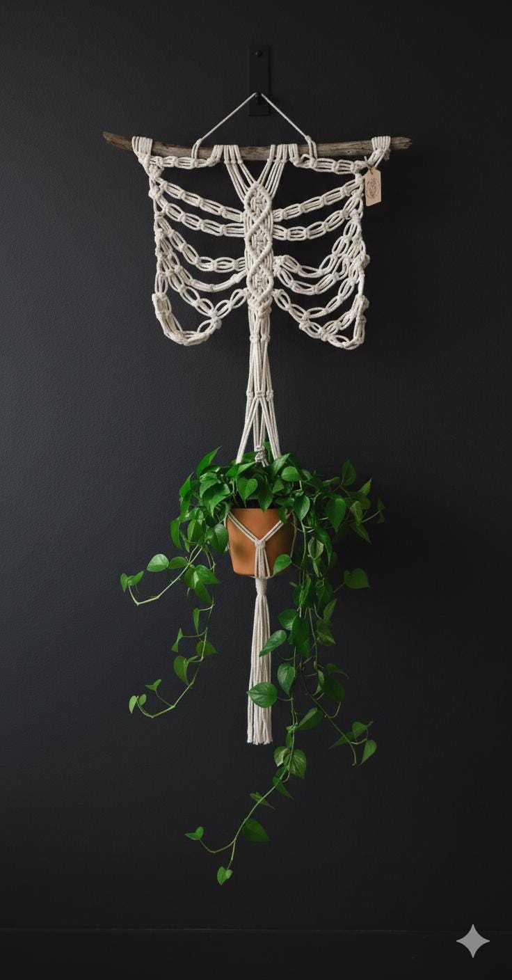 Macrame Skeleton Plant Hanger: Witchy Boho Spooky Decor