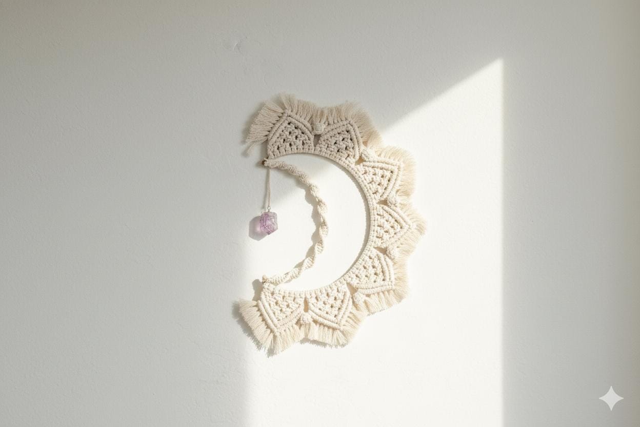 Macrame Moon Wall Hanging: Boho Woven Art with Amethyst