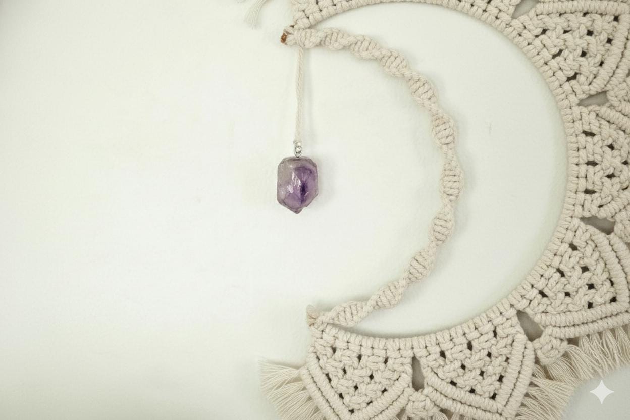 Macrame Moon Wall Hanging: Boho Woven Art with Amethyst