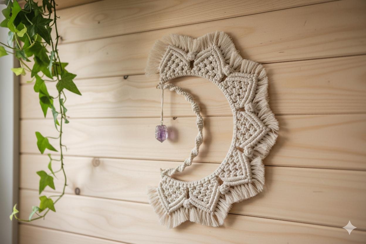 Macrame Moon Wall Hanging: Boho Woven Art with Amethyst