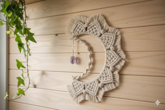 Macrame Moon Wall Hanging: Boho Woven Art with Amethyst