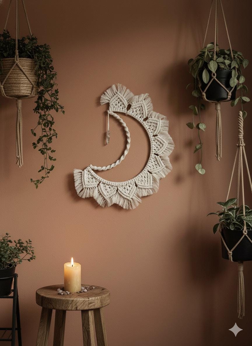 Crescent Moon Keeper Macrame Moon Wall Hanging | Woven Instinct, Raw Quartz
