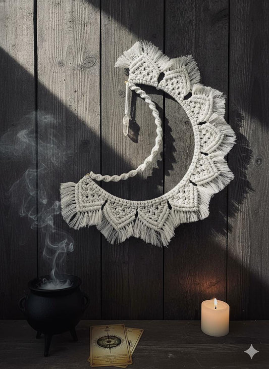 Crescent Moon Keeper Macrame Moon Wall Hanging | Woven Instinct, Raw Quartz