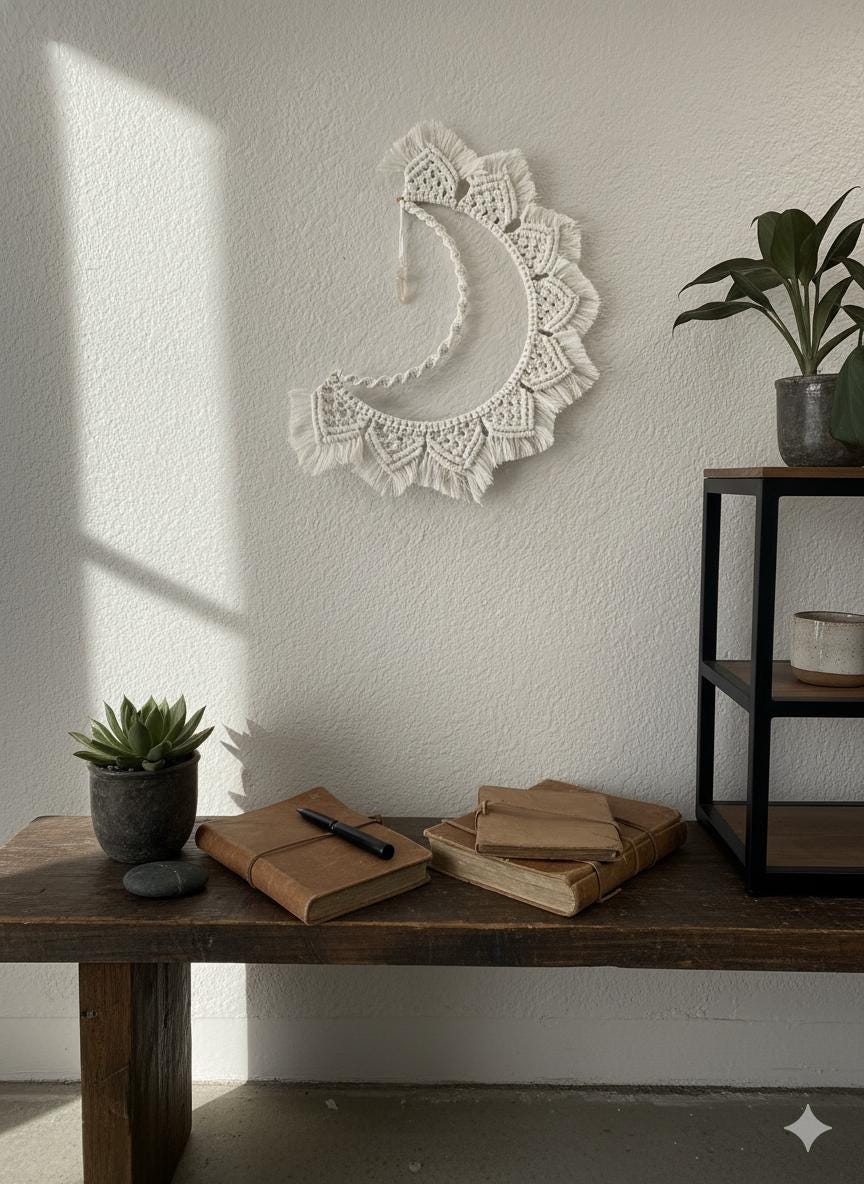 Crescent Moon Keeper Macrame Moon Wall Hanging | Woven Instinct, Raw Quartz